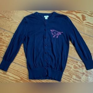 JCrew size s The Clare Cardigan Navy with pink bird detail cotton